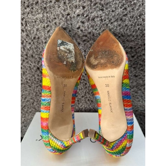 Manolo‎ Blahnik Bb Fabric 105mm Slip On Pumps Striped Rainbow Womens Size 38 EU - Picture 7 of 9